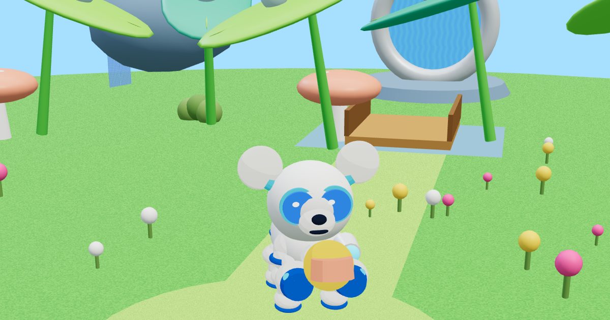 Papik, the white puppy with blue eyes, in the game's Microcanis home scene with giant leaves, two suns and a portal