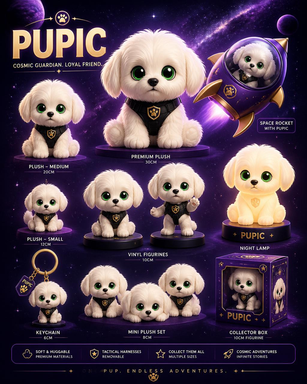 Pupic toys collection — plush, playsets, rockets and figurines