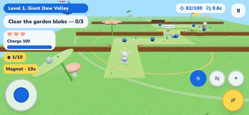Actual gameplay: Papik facing friendly blue blobs and energy crystals along a green path beneath two suns